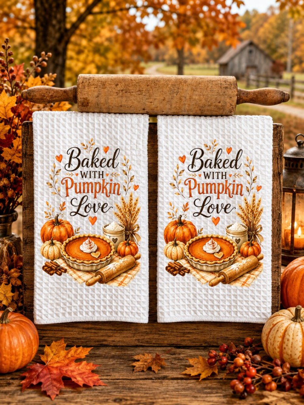 Baked With Pumpkin Love Kitchen Towel Set, Fall Baking Towel, Housewarming Gift